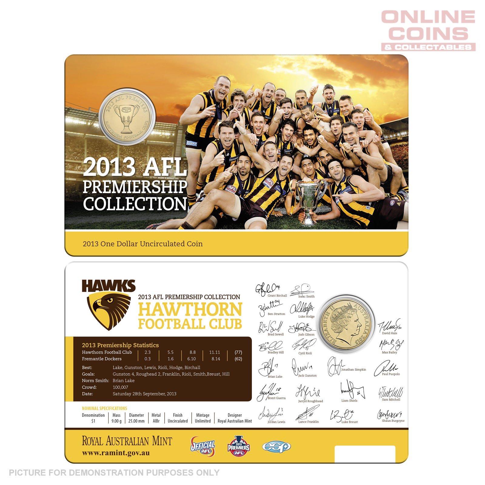 2013 - Royal Australian Mint - AFL Premiership Collection - Hawthorn Hawks Uncirculated $1 carded coin
